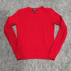 LAUREN Ralph Lauren Petite Small Red Crewneck Mixed-Stitch Sweater PS